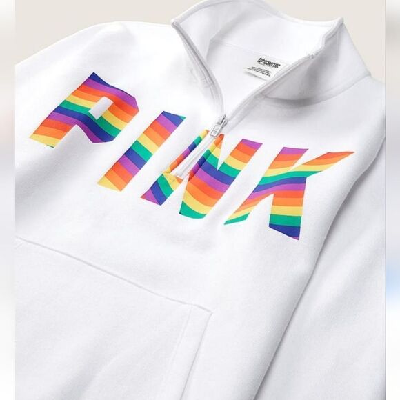 PINK Everyday Lounge Perfect Quarter Zip Classic Pullover OPTIC WHITE PRIDE MED. - Picture 4 of 16